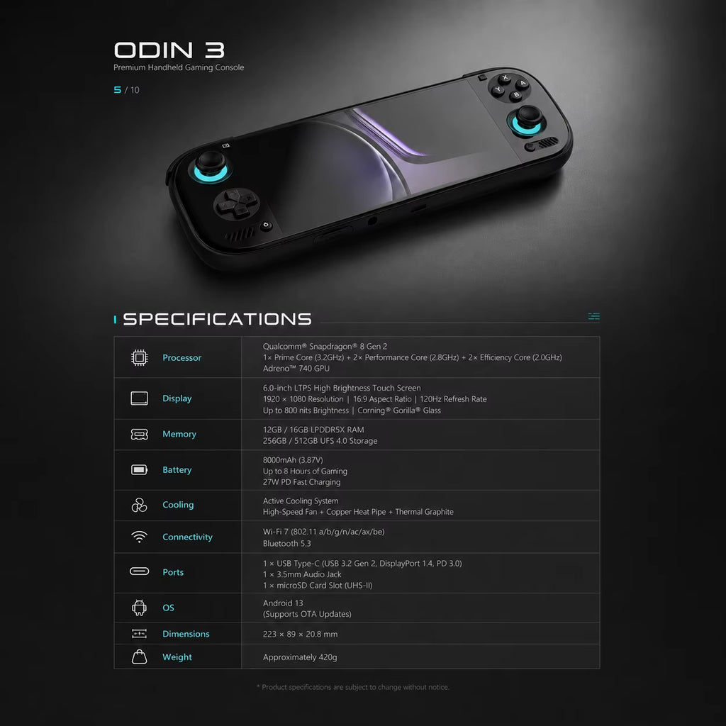 2026 AYN Odin 3 Flagship Android Handheld Console 6" 120Hz AMOLED Snapdragon 8 Elite 8000Mah Retro Gaming Console