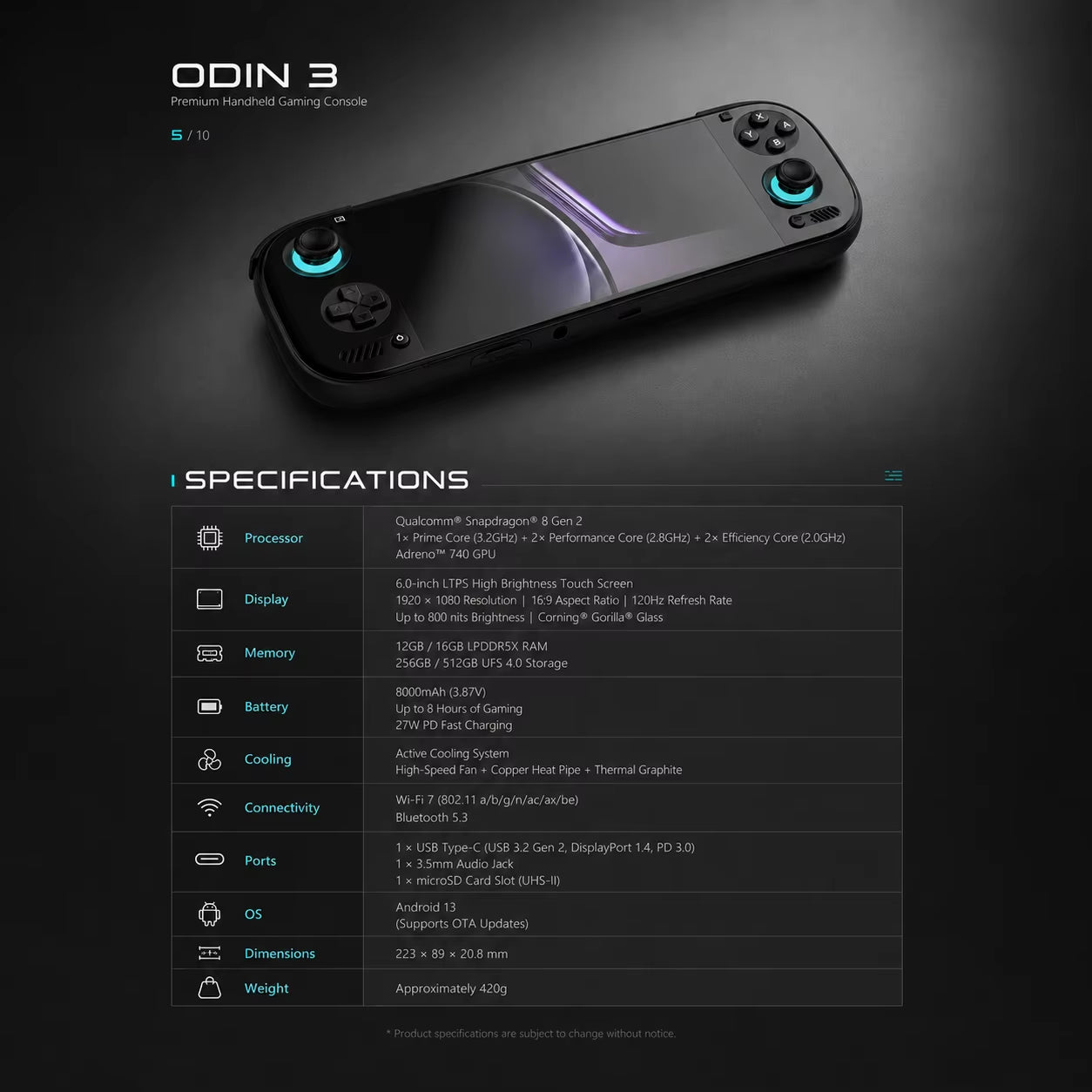 2026 AYN Odin 3 Flagship Android Handheld Console 6" 120Hz AMOLED Snapdragon 8 Elite 8000Mah Retro Gaming Console
