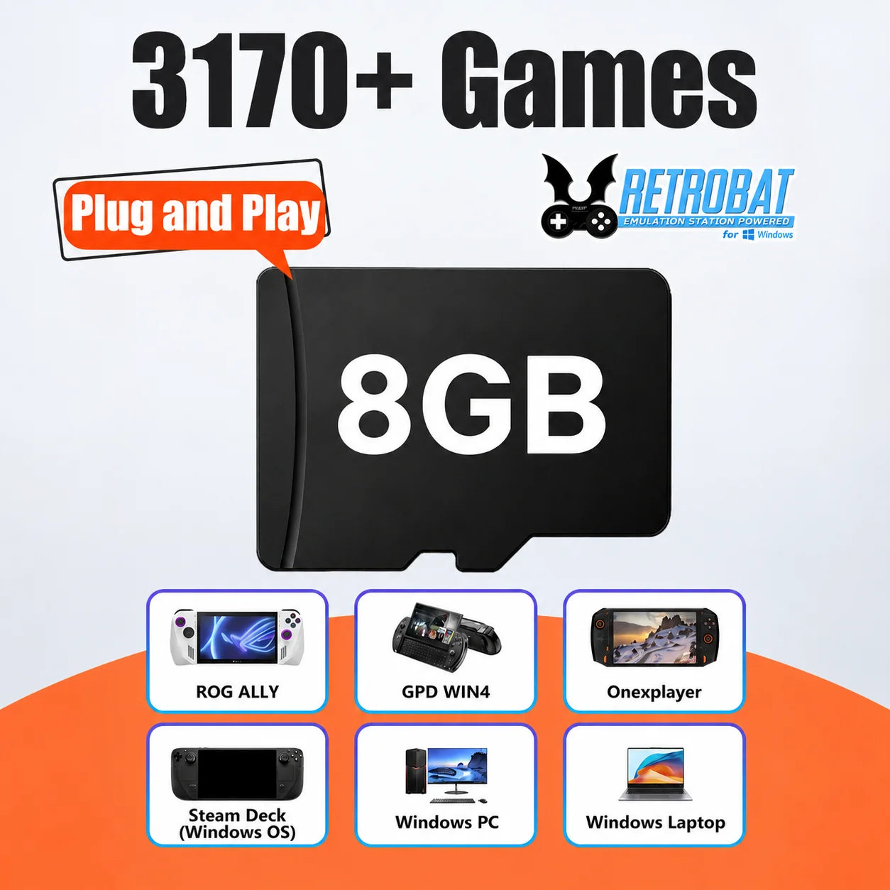 Retrobat 8GB TF Game Card with with 3170 Retro&Pc Games for ROG Ally/Onexplayer/Gpd Win4/Win Handheld Game Console/Win Pc/Laptop
