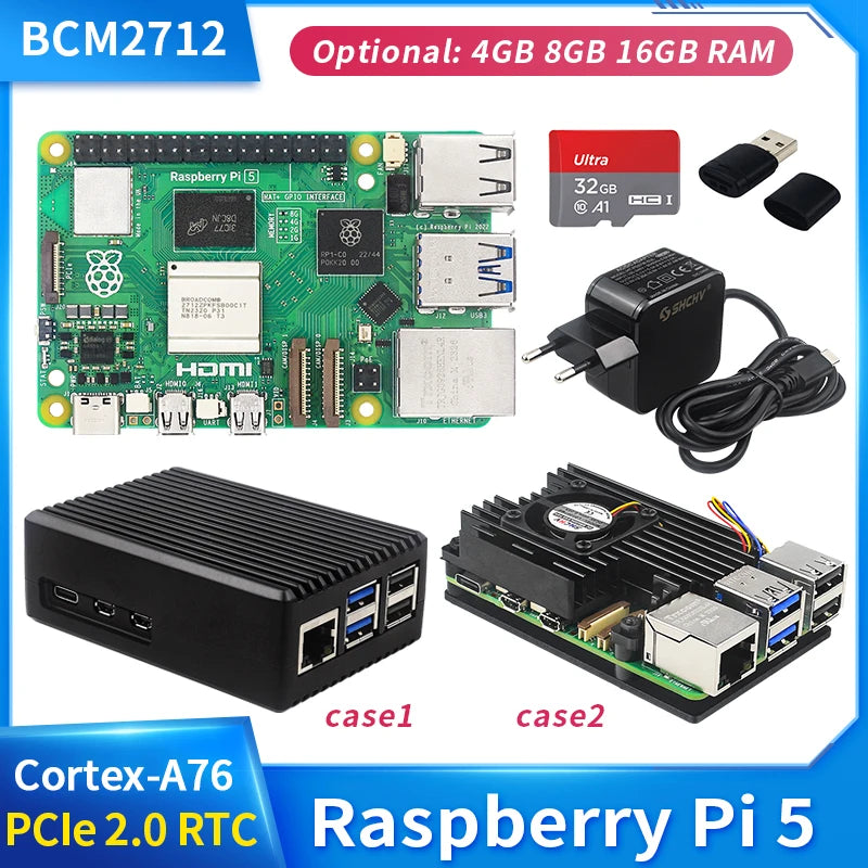 Official Raspberry Pi 5 16GB 8GB 4GB RAM BCM2712 Cortex-A76 2.4Ghz LPDDR4X-4267 Pcie 2.0 RTC Optional Case Power Supply for Rpi5